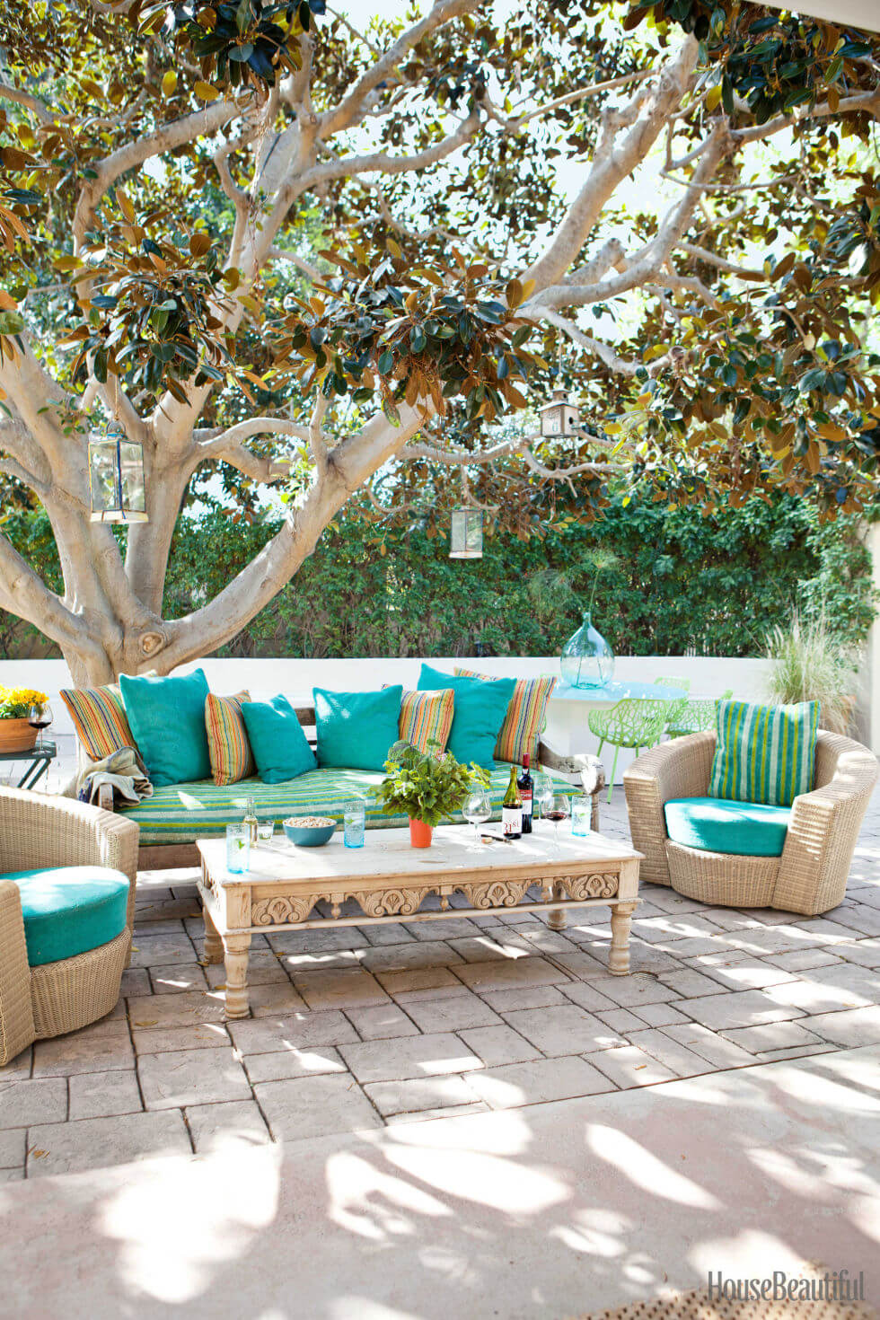 Outdoor Living Area with Blue and Striped Accents