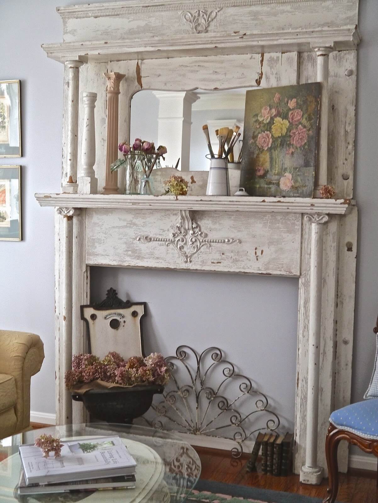 Distressed Wood Mantel Piece with Painting