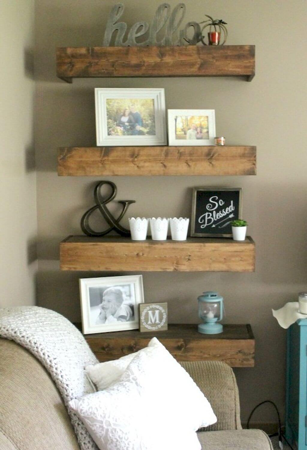 Chunky Wood Shelves with Sign and Photos