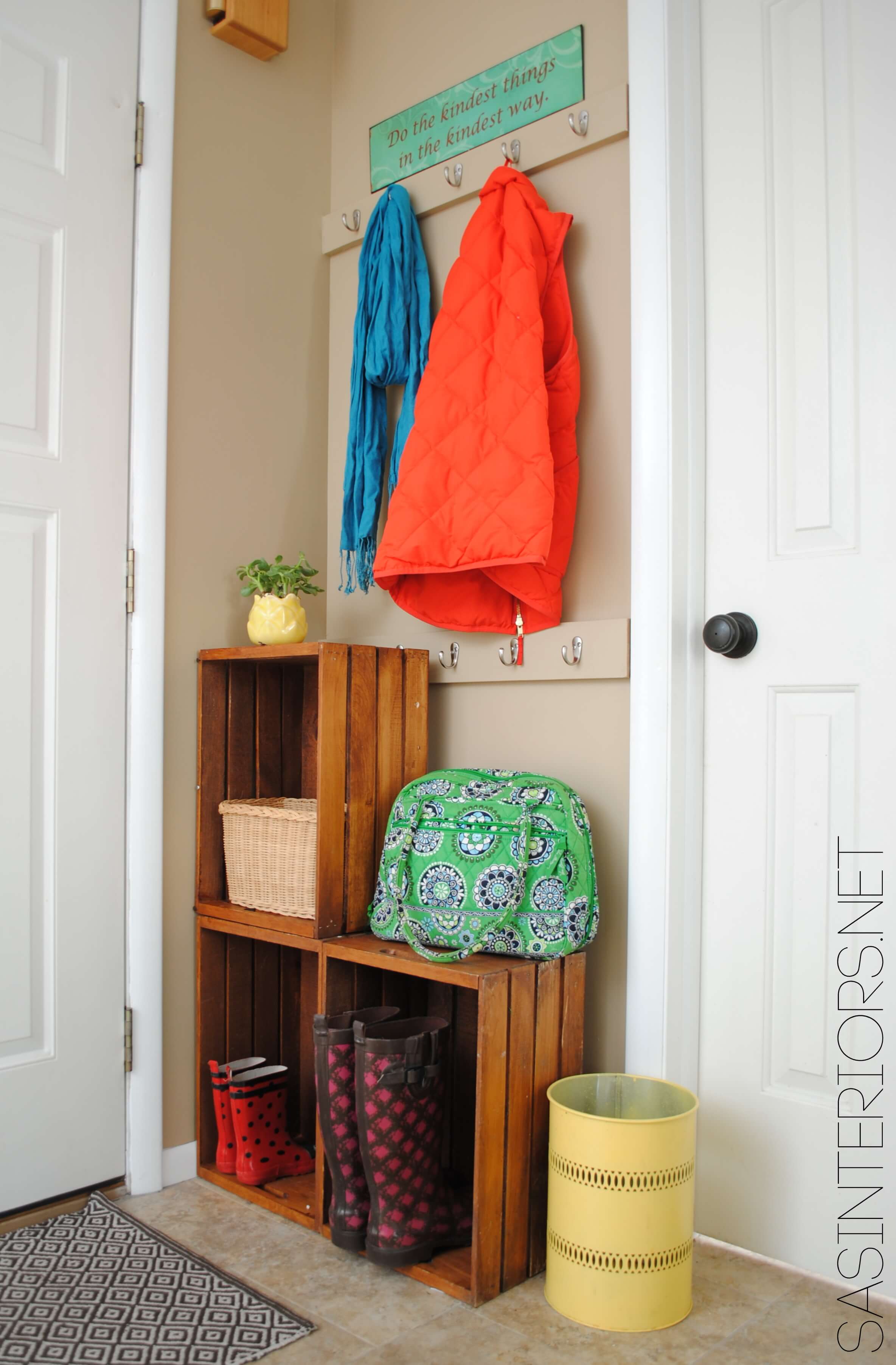 Stacked Crates Create Shelf Space in Tight Corner