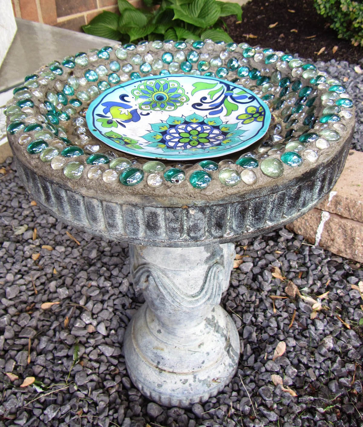 Concrete Bird Bath with Glass Jewels