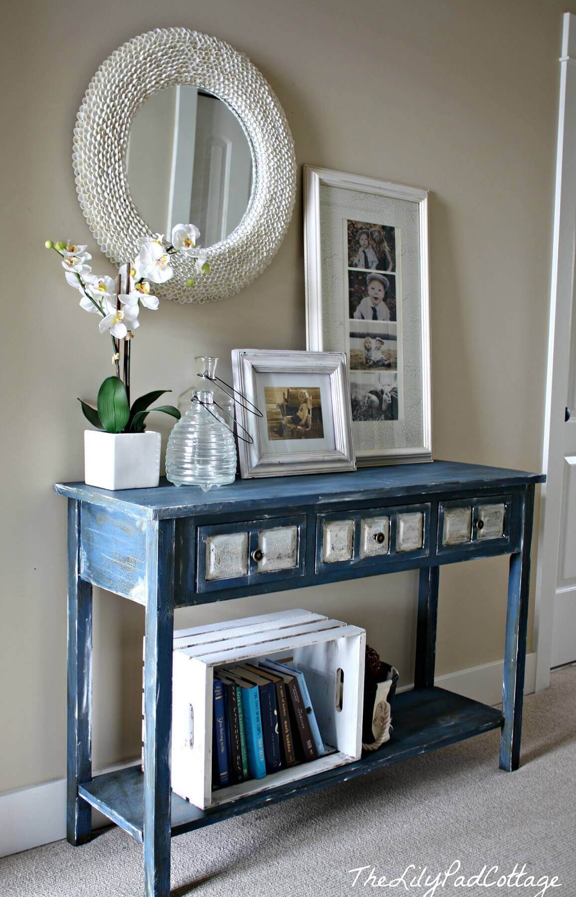 White Décor Accents on Distressed Blue Entry