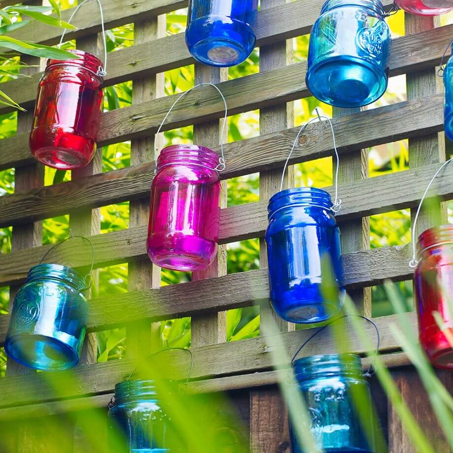 Multicolored Mason Jars with Wire Hangers