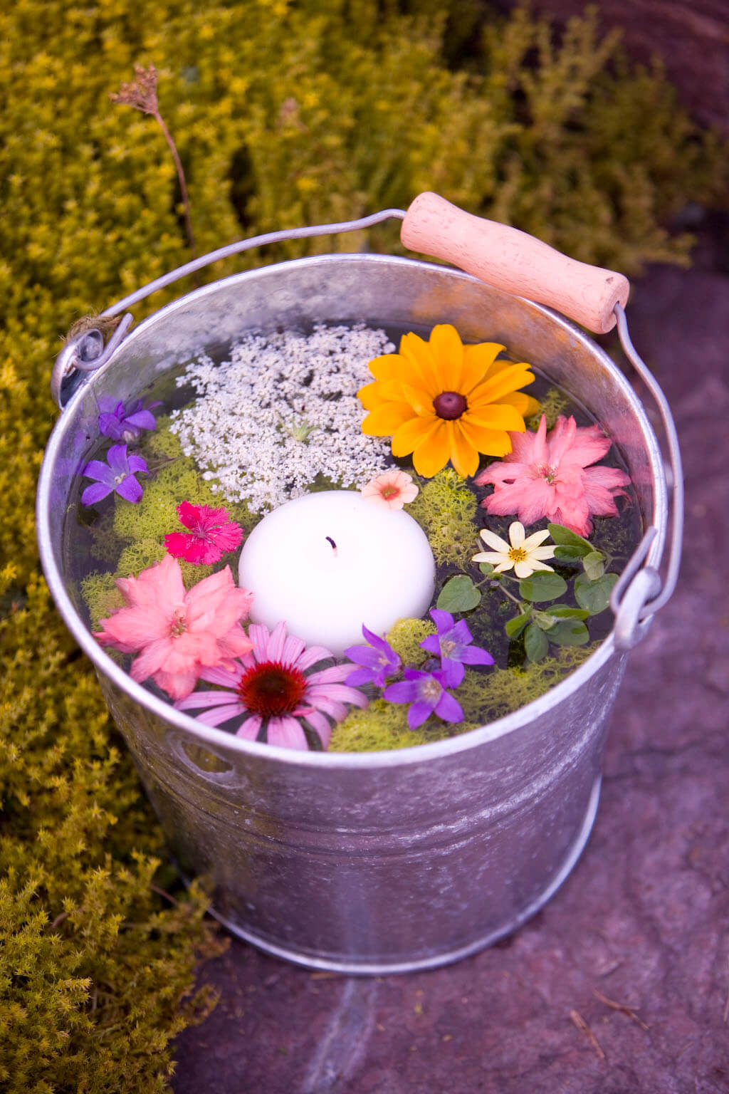 Vintage Bucket Floating Blooms and Candle Centerpiece