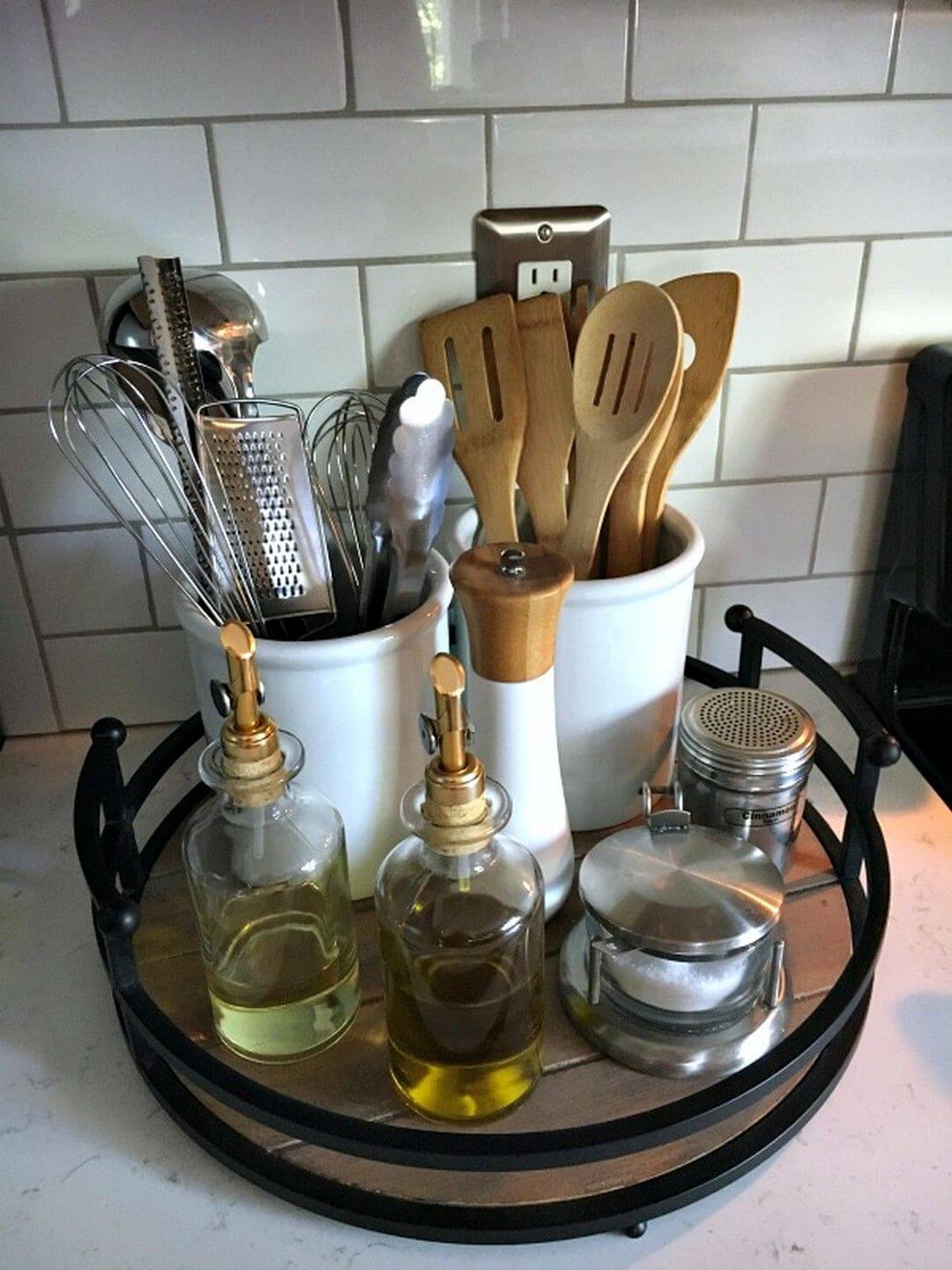 Lazy Susan with Utensil Crocks and Seasonings