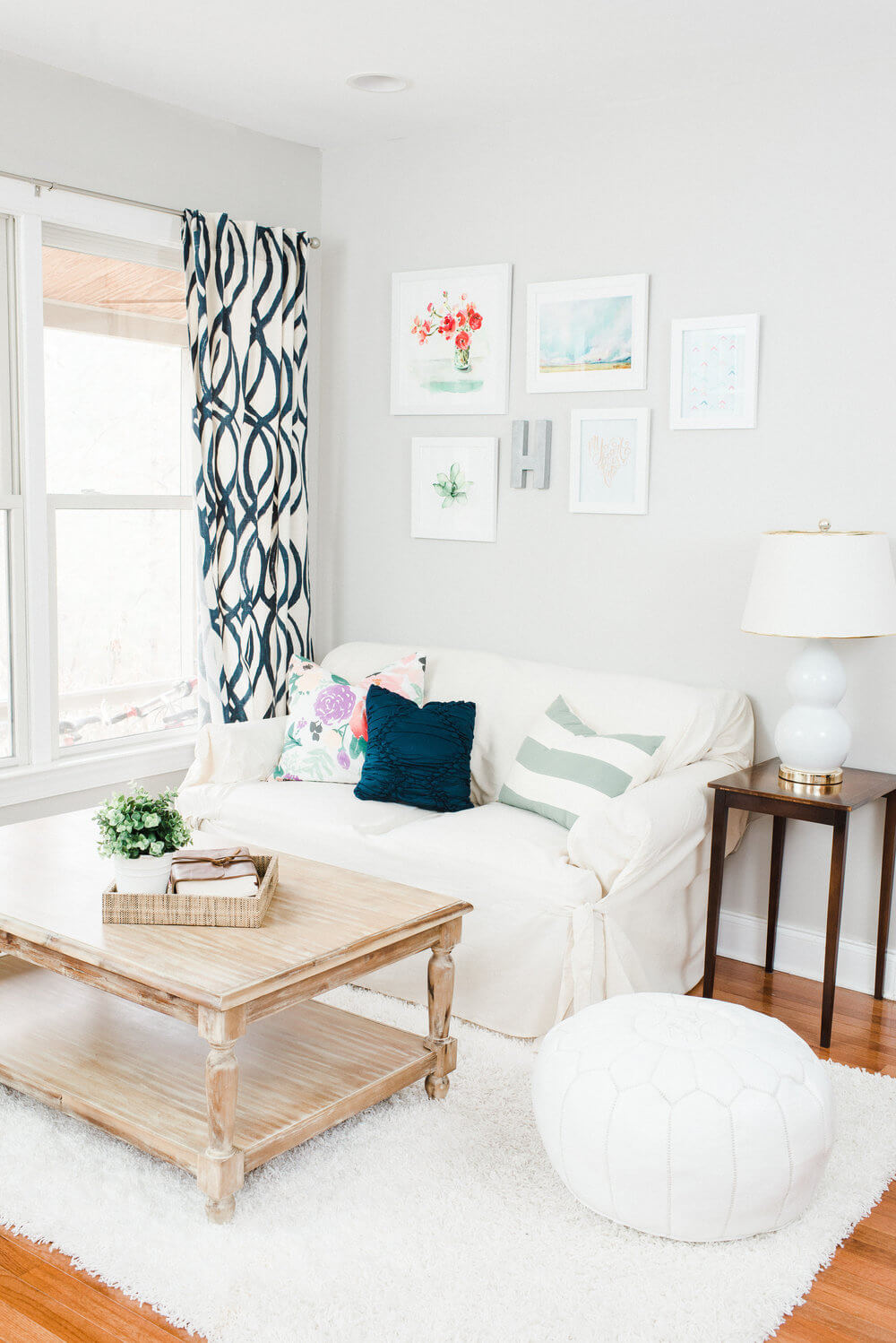 White on White with Patterned Curtains