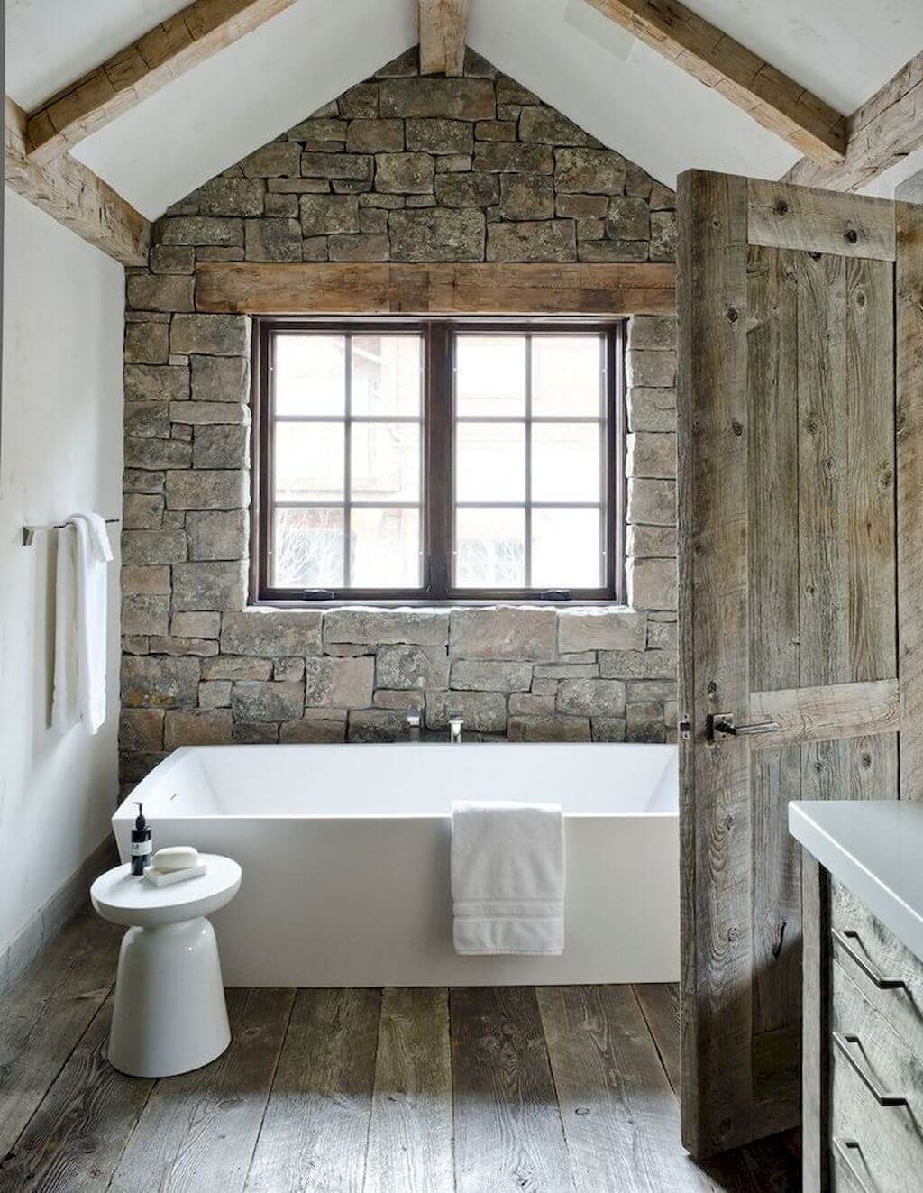 Stone Cottage Bathroom Wall with Distressed Wood