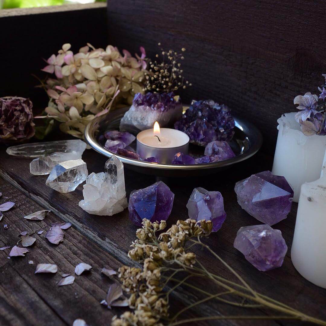 Tea Light, Dried Flowers, and Quartz