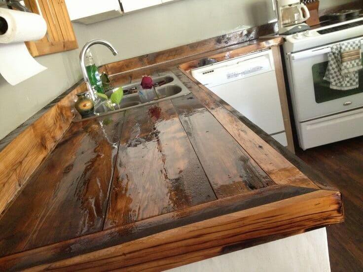 Shellacked Wood Runs Down the Kitchen Counter