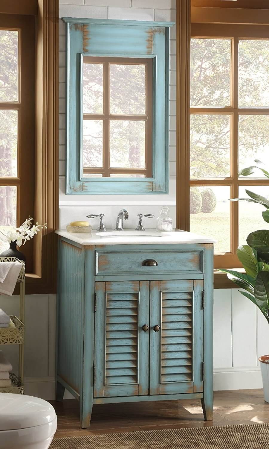 Large Windows and a Rustic Painted Vanity