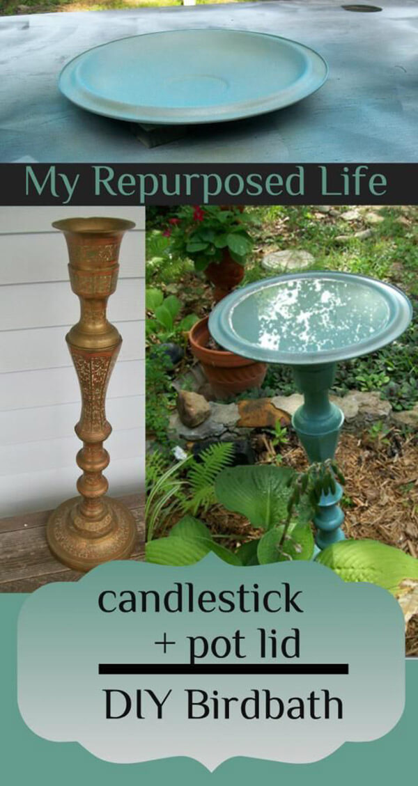 Vintage Candlestick and Metal Bird Bath