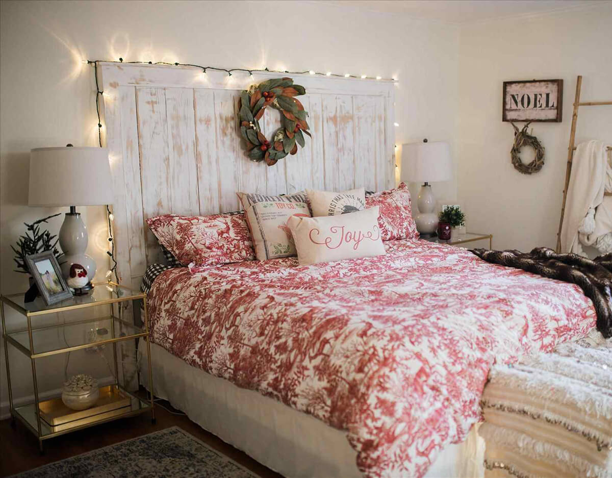 Lights Surround Farmhouse Headboard and Wreath