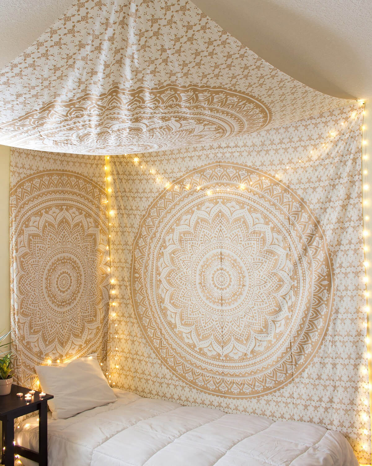 String of Lights Illuminates Mandala Designs on Canopy