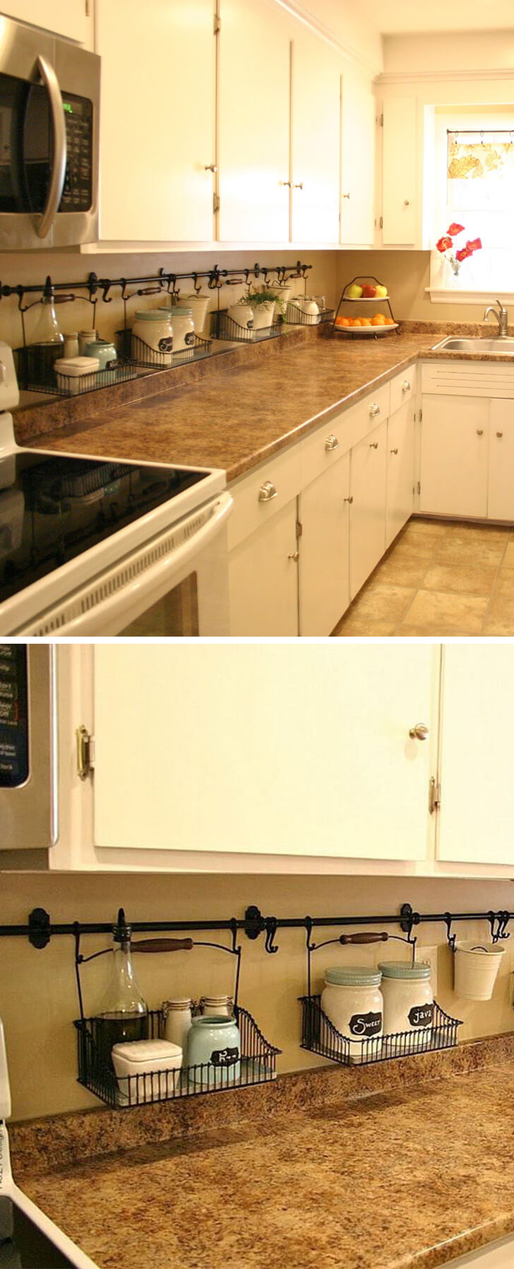 Baskets Hanging from Rods Under the Cabinets