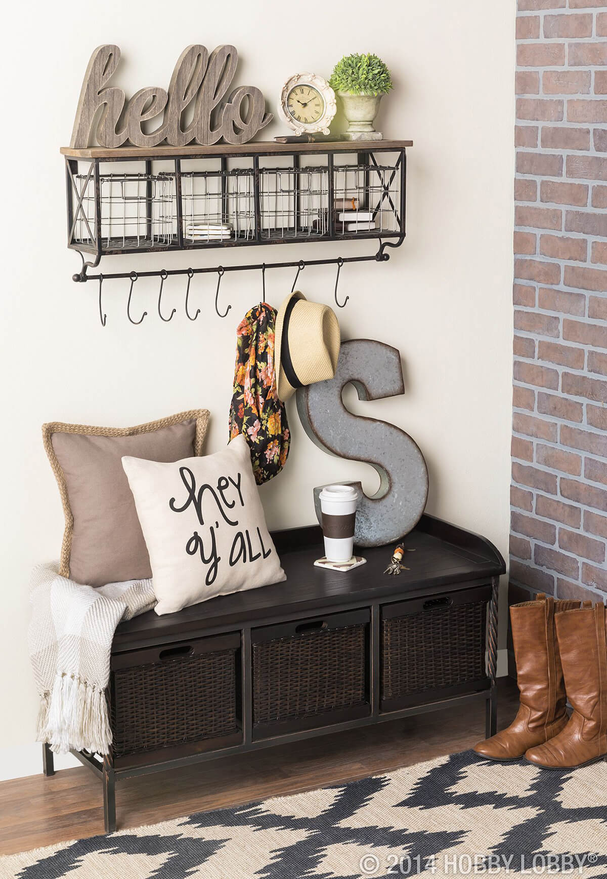 Black Wire Hooks Above Black Storage Bench