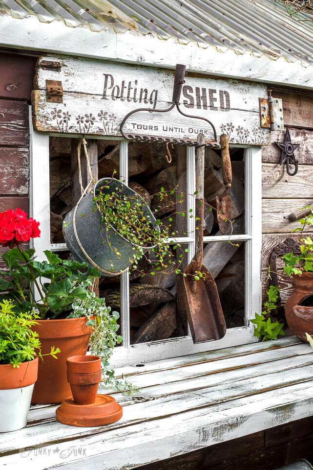 Potting Bench with Fun Sign and Old Rake