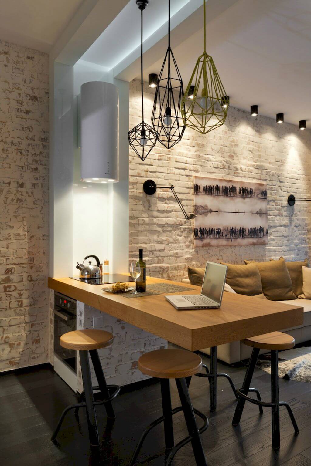 Exposed Brick and Industrial Light Fixtures