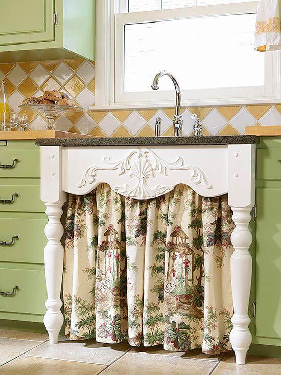 Country Style Under-Sink Curtain With Table Leg Frame