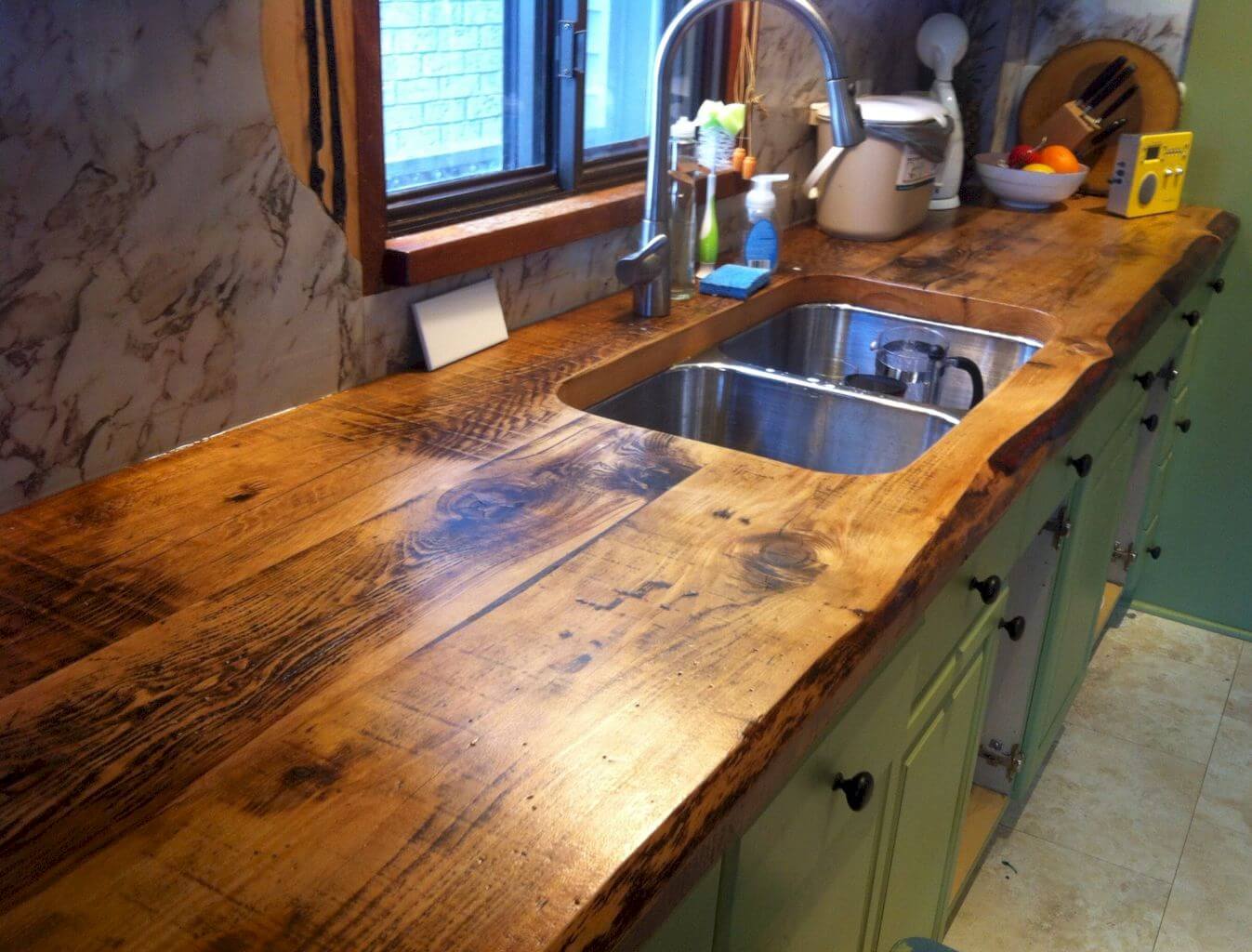 Double Sink in a Rustic Wood Counter