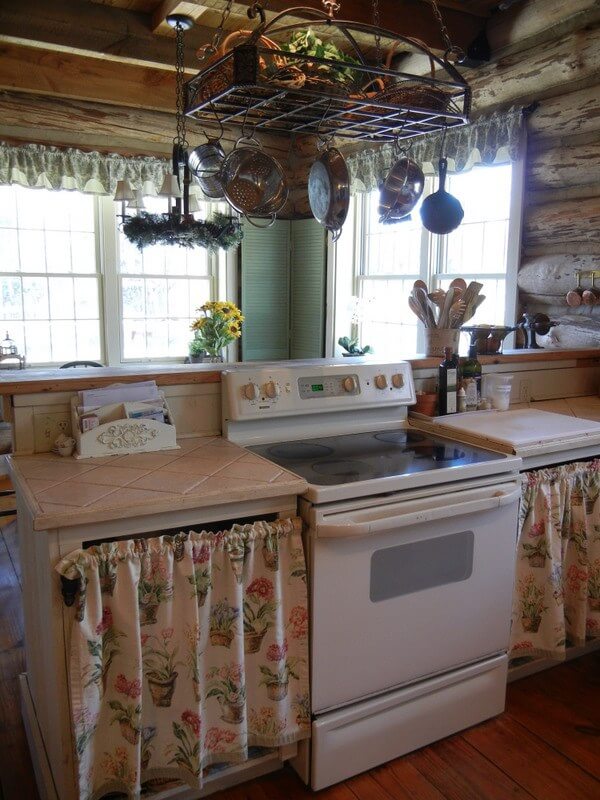 Botanical Print Cabinet Curtains With Gathered Tops