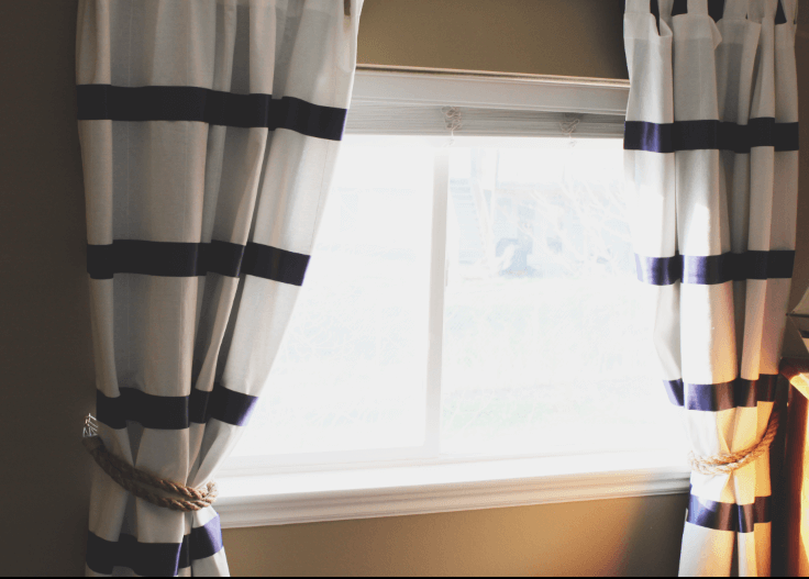 Rope Tied Blue and White Striped Curtains