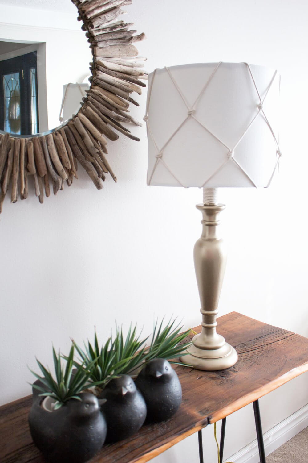 Net Wrapped Lamp Shade and Driftwood Mirror