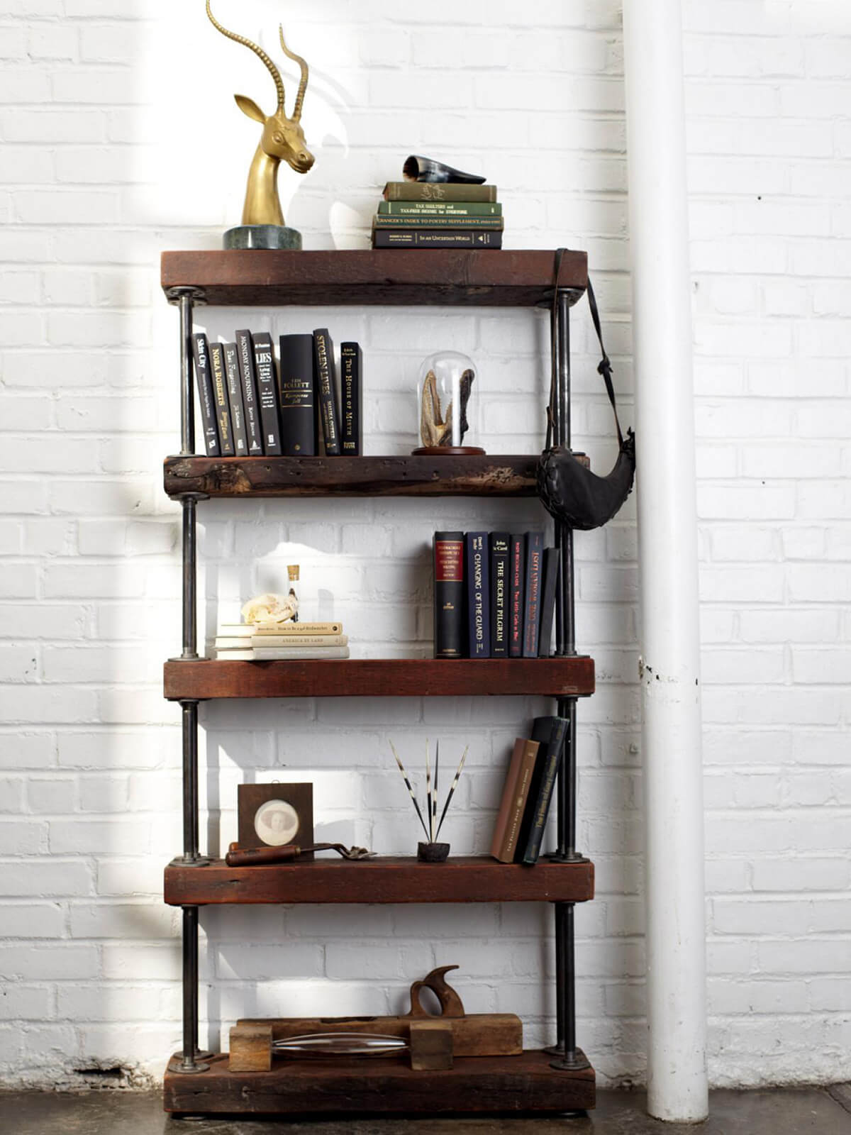 White Brick with Pipe and Wooden Shelf