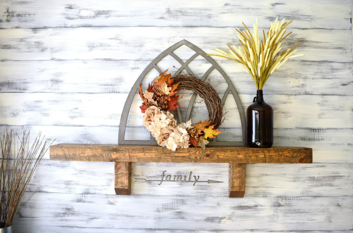 Rustic Wooden Shelf With Vase and Wreath