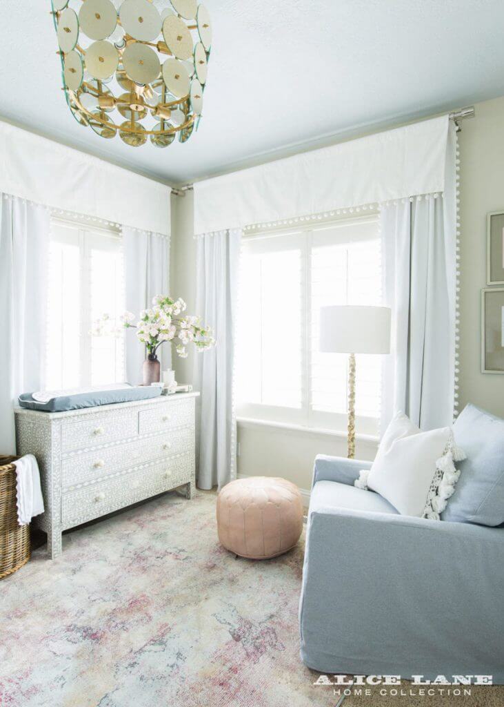 Crisp White Window Treatments, Rosy Marbled Rug