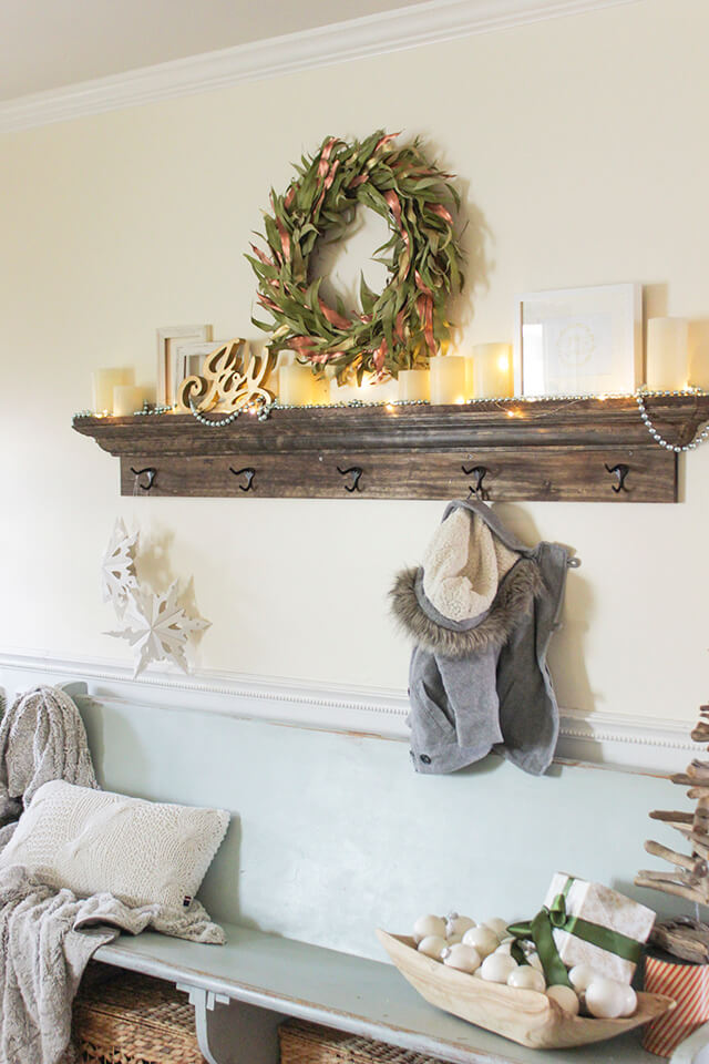 Wooden Mantel Shelf With Storage Hooks