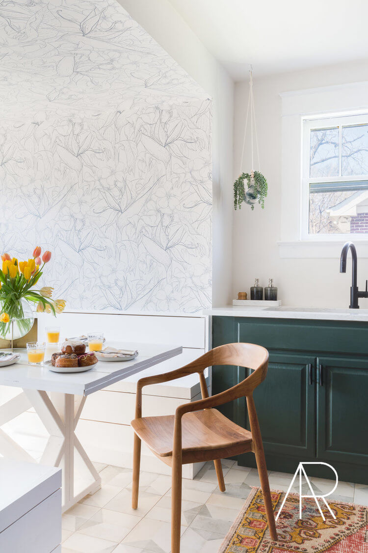 White Patterned Wallpaper and Forest Green Cabinets