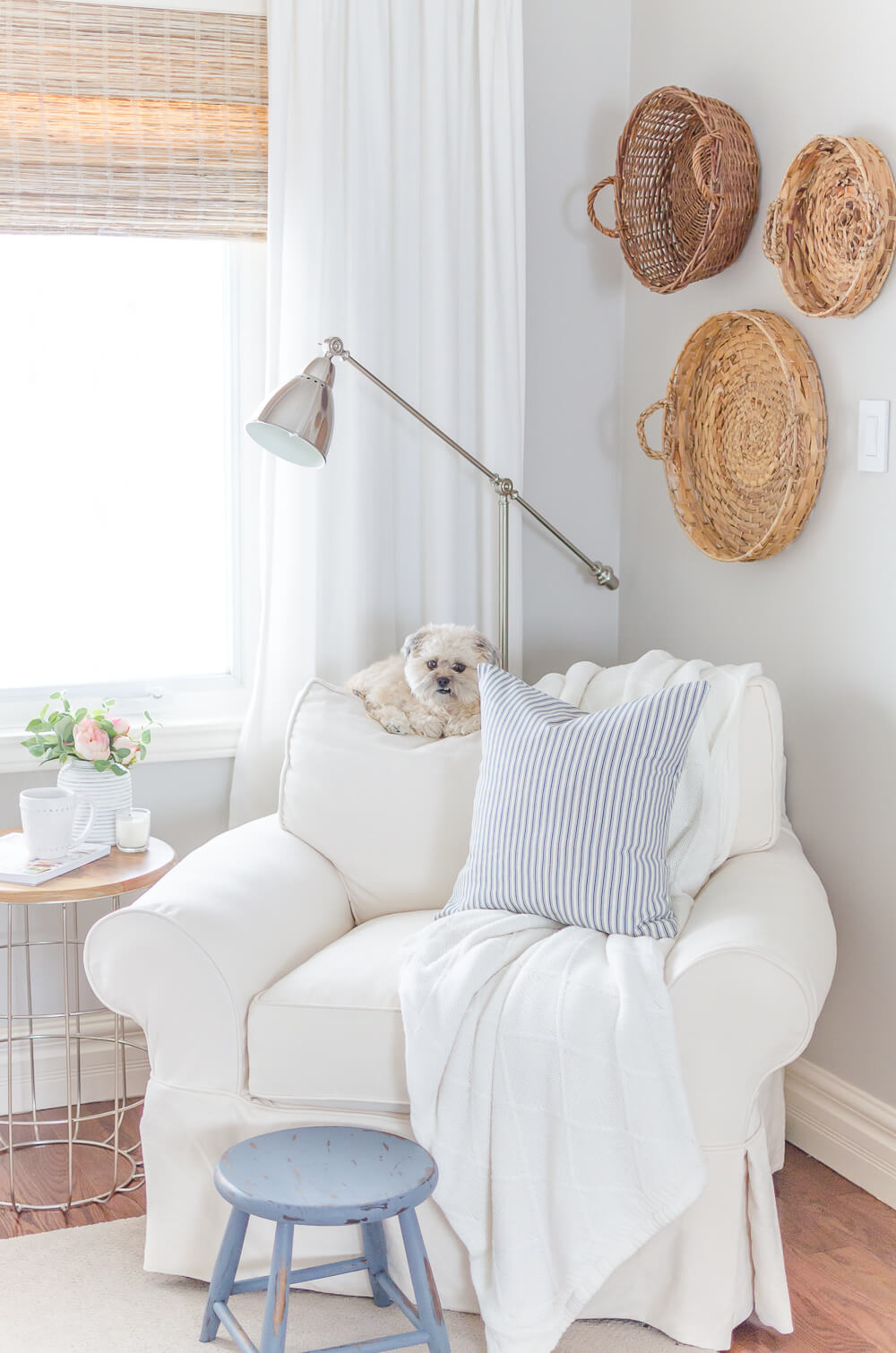 Soft Gray Walls, White Linens, Woven Accents