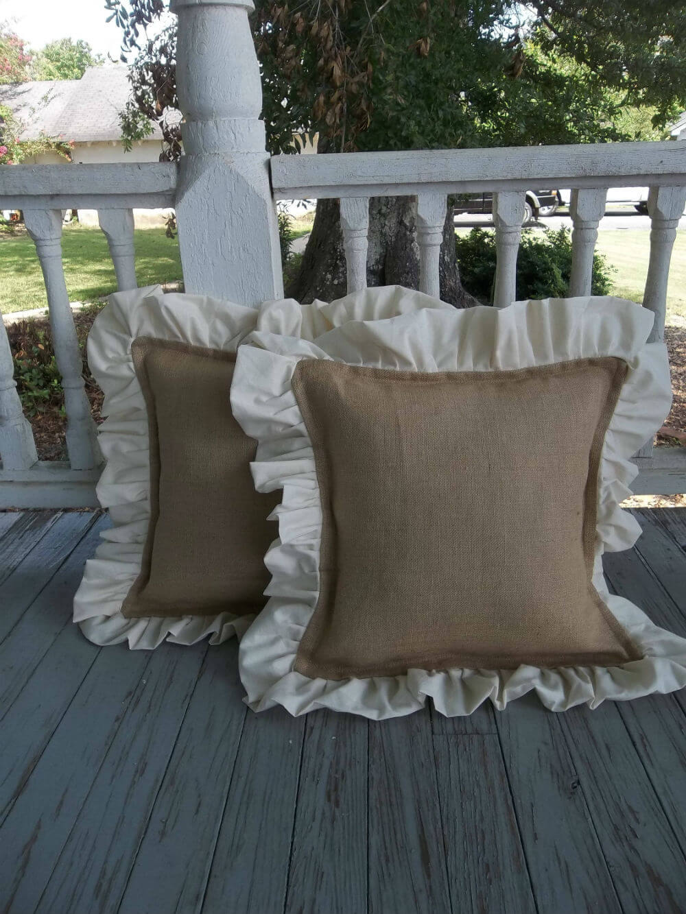 White Ruffled Burlap Decor Pillow Covers