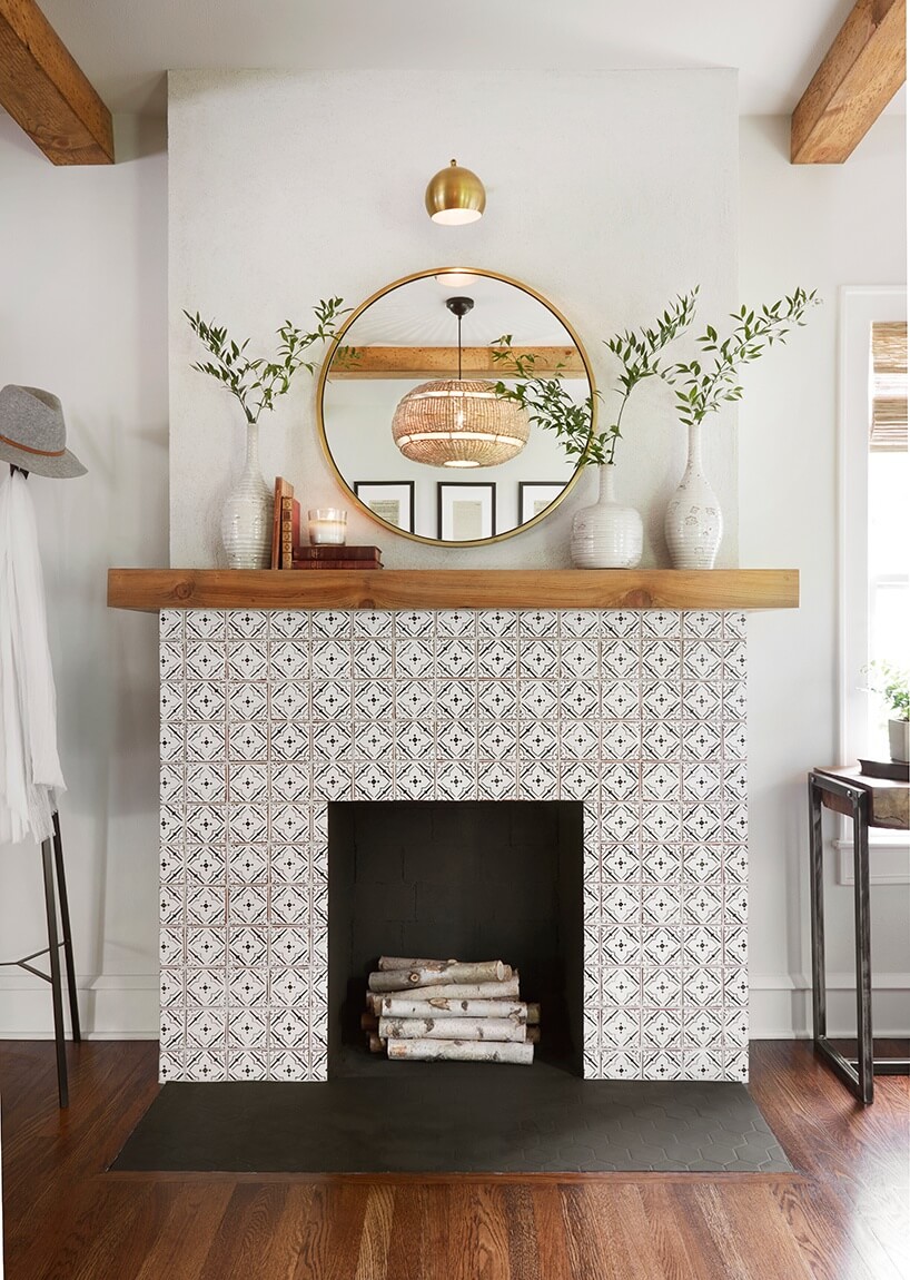 B&W Tile Fireplace, Raw Wood, Simple Greenery