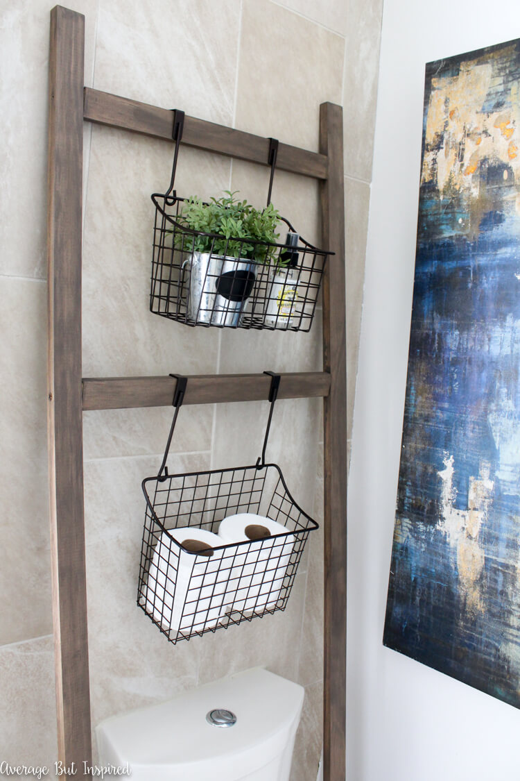 Wooden Ladder Floating Storage with Wire Baskets