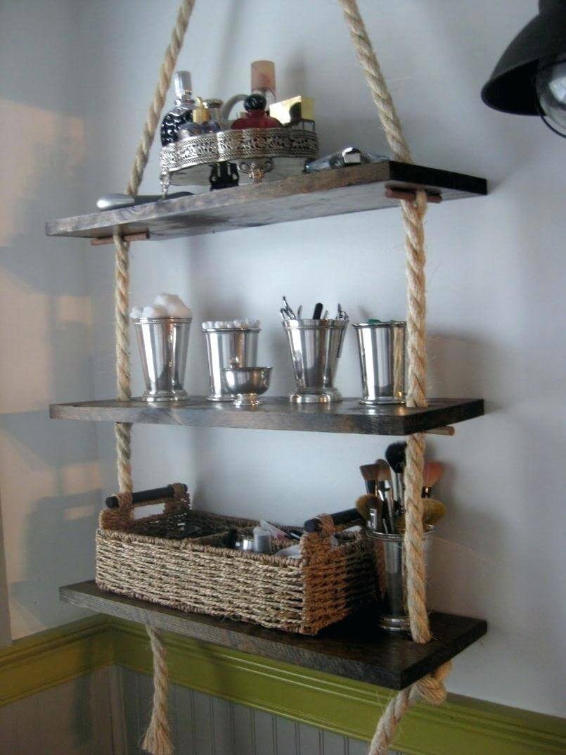 Wood and Rope Floating Shelf Storage