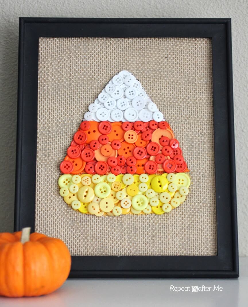 Cute Framed Burlap And Button Candy Corn Art