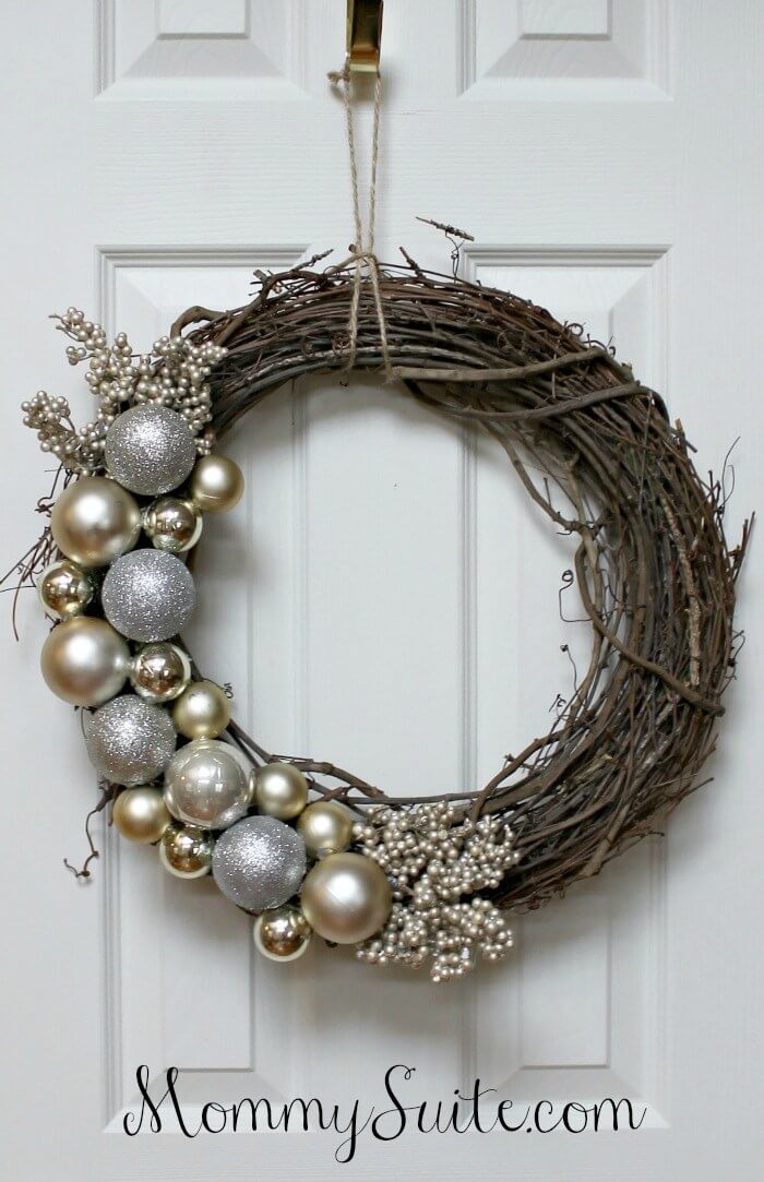 Silver Ornaments and a Grapevine Wreath