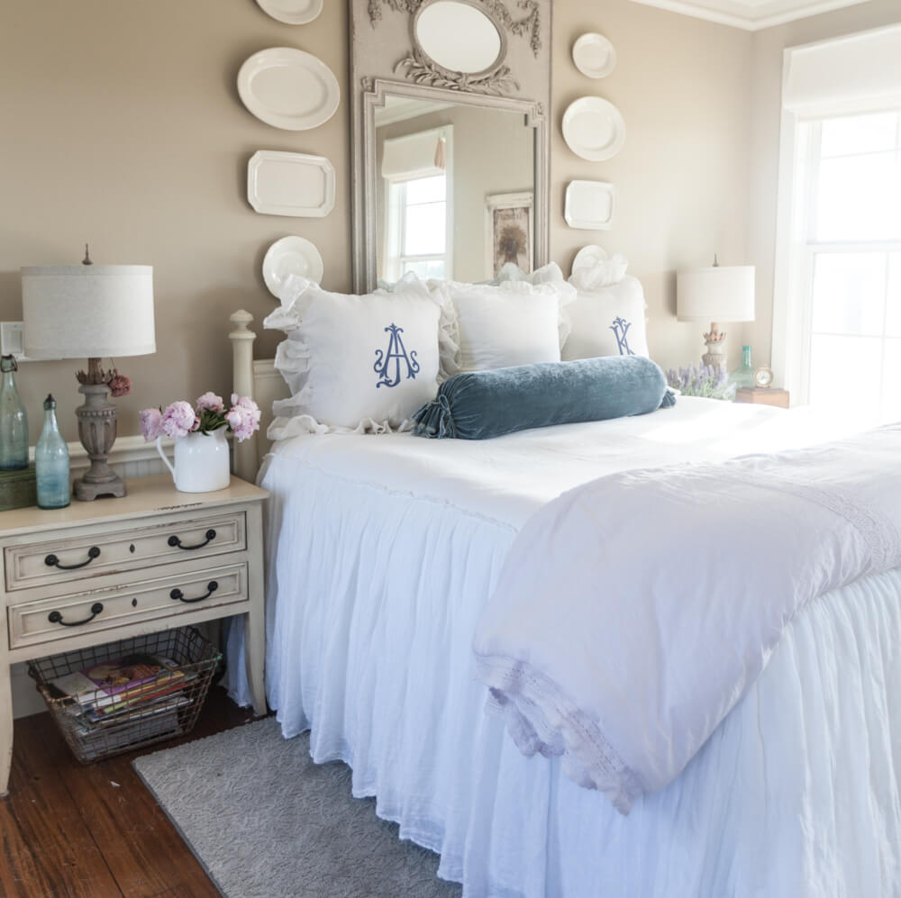 Contemporary Bedroom with Hanging Plate Gallery Wall