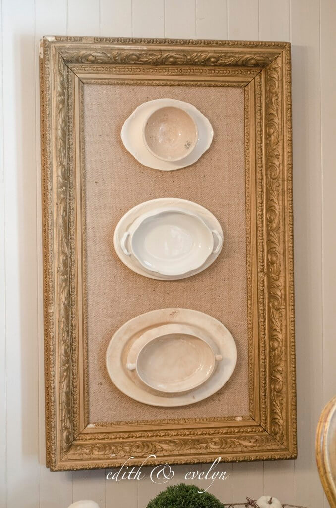 Vintage Burlap Frame Featuring Stacked Platters