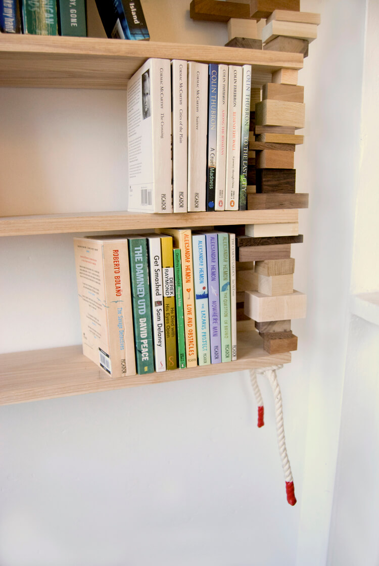 Floating Shelves with Wooden Block Bookends