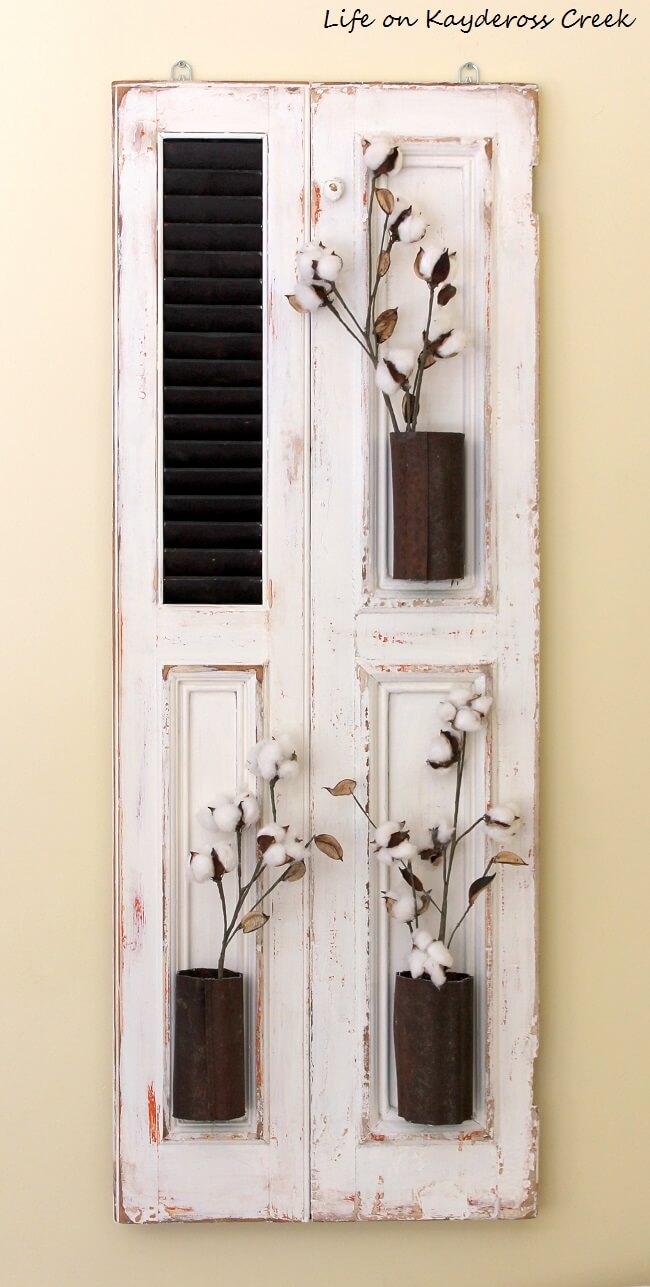 Beautiful Cotton Stem Upcycled Shutter for the Farmhouse Living Room or Family Room