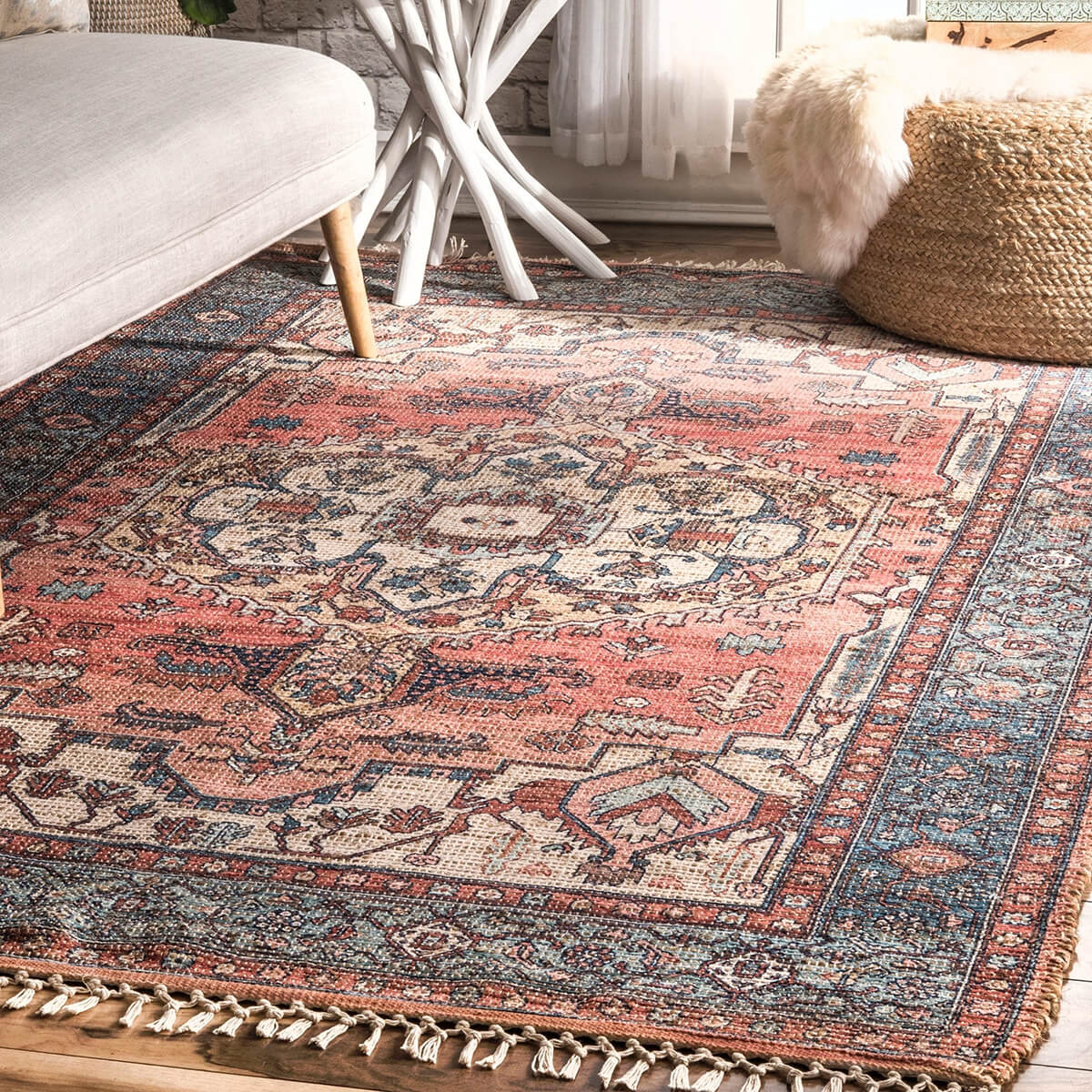 Gently Faded Vintage Floor Rug for the Farmhouse Living Room