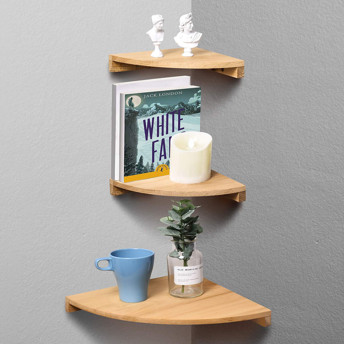 Warm Floating Beech Wood Graduated Wall Shelf