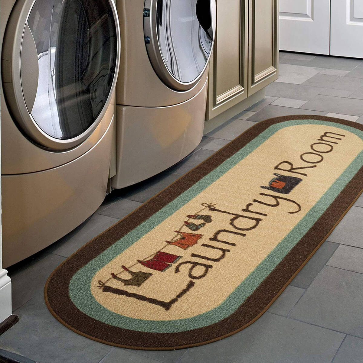 Playful Illustrated Laundry Room Runner with Clothesline