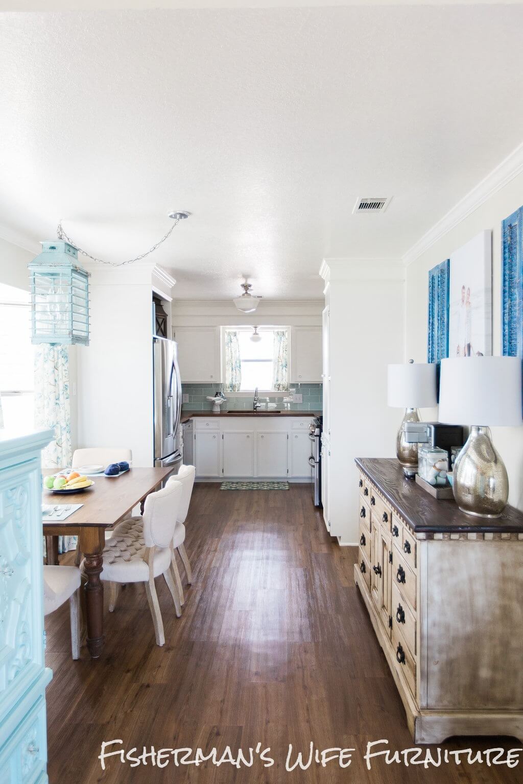 Dark Cherry Wood with Glass Subway Tiles