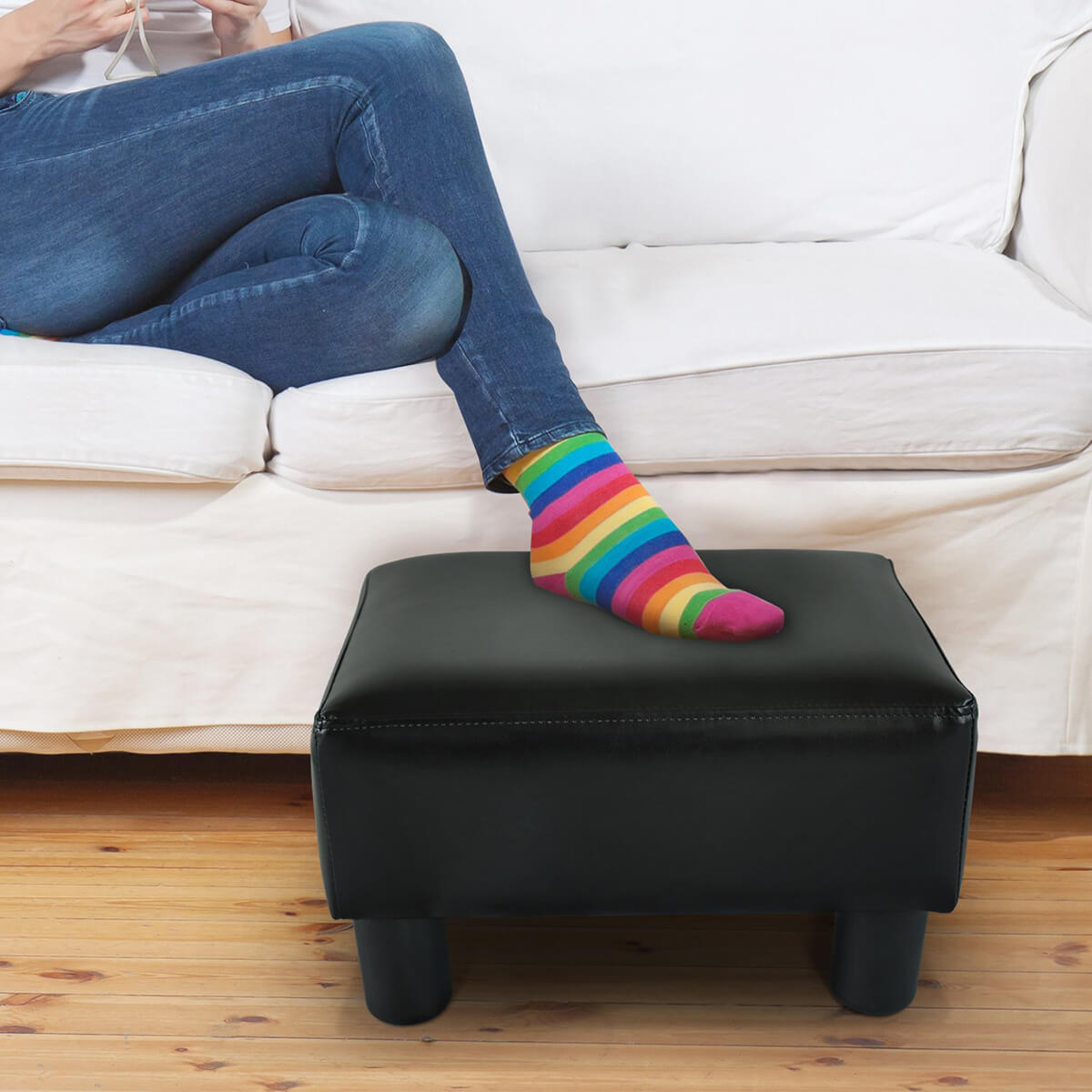 Rectangular Faux Leather Ottoman Footrest in Black