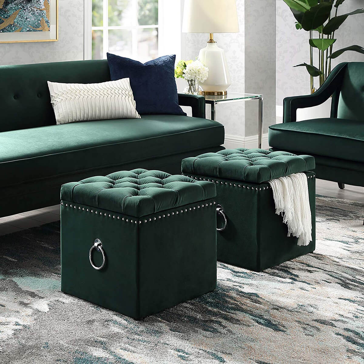 Green Velvet Storage Ottoman with Nail Head Detailing