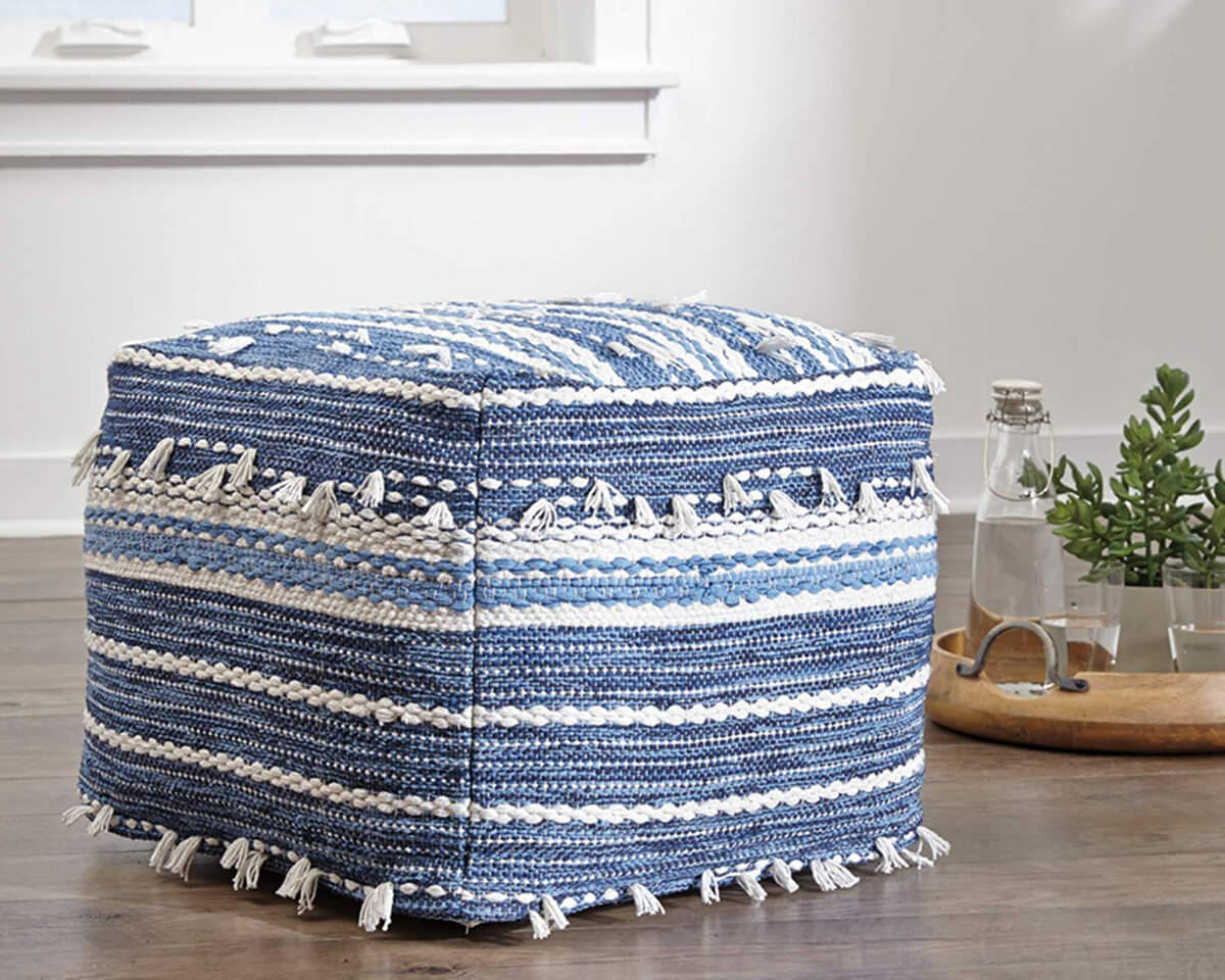 Ashley Furniture Contemporary Blue and White Pouf