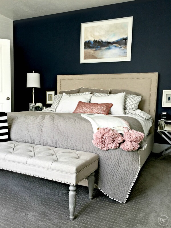 Navy Blue Bedroom Accent Wall with Greige and Blush Perfection